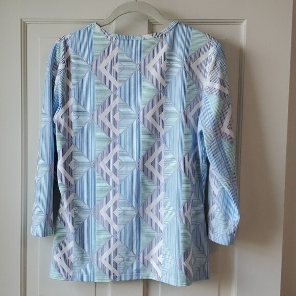 J. MCLAUGHLIN BLUE AQUA WHITE STRETCH CATALINA CLOTH KNIT TOP LARGE GEOMETRIC - Picture 6 of 6